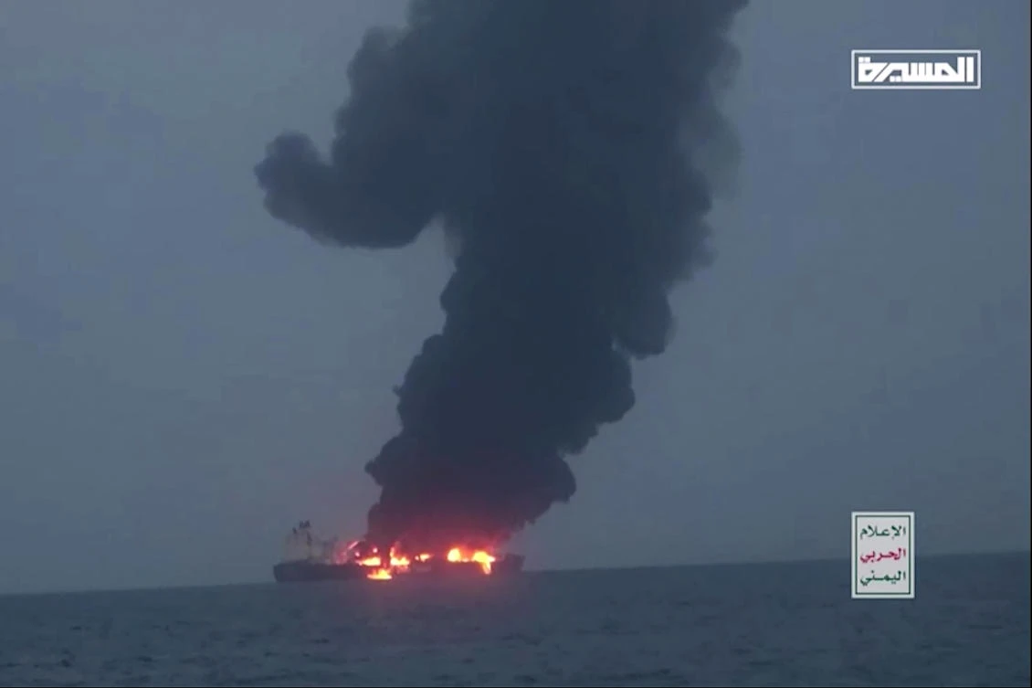 This image grab from a video released on August 23, 2024 by Yemen’s Houthi Media Center, shows what they say is the Greek-owned oil tanker Sounion which they reportedly hit by three projectiles on August 21, 2023. (AFP/Handout/Ansarullah Media Center)