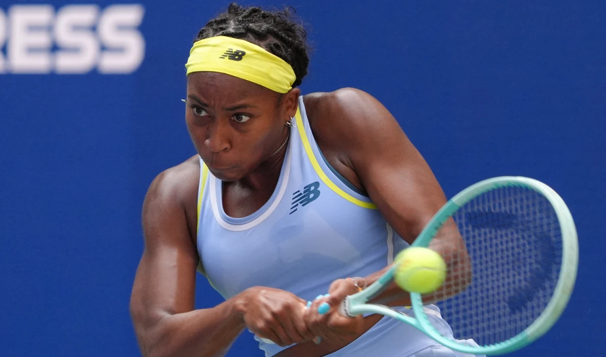 USA's Coco Gauff plays a backhand return to France's Varvara Gracheva during their women's singles first round tennis match on day one of the US Open tennis tournament at the USTA Billie Jean King National Tennis Center in New York City, on August 26, 2024. (AFP)