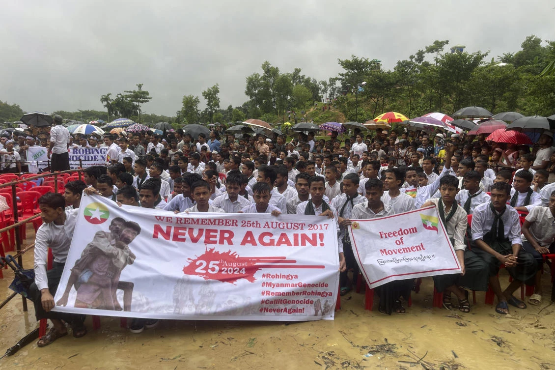 Hundreds of Rohingyas gather to demand safe return to Myanmar’s Rakhine state as they mark the seventh anniversary of their exile from Myanmar at their refugee camp at Kutupalong in Cox’s Bazar district, Bangladesh. (AP)