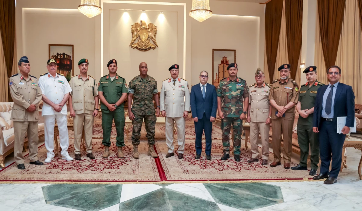 Libyan National Army Commander Khalifa Haftar, U.S. Africa Command General Michael Langley and Charge d'affaires Jeremy Berndt pose as they meet at an unidentified location, in Libya, in this handout image released on August 27, 2024. (REUTERS)