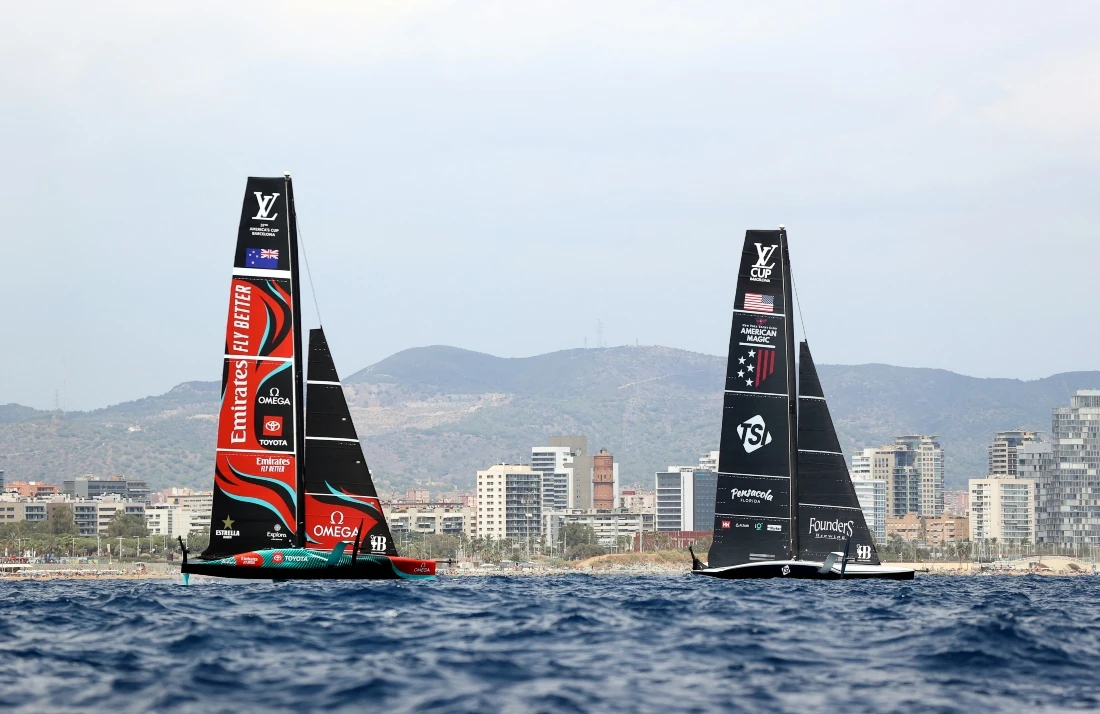 NYYC American Magic and Emirates Team New Zealand in action during race 13 of the America’s Cup final preliminary regatta in Barcelona last week. (Reuters)