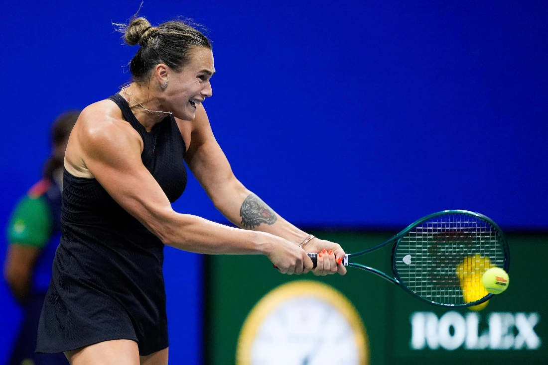 Aryna Sabalenka, of Belarus, returns a shot during a match against Erika Andreeva, of Russia, in the third round of the US Open tennis championships Saturday in New York. (AP)