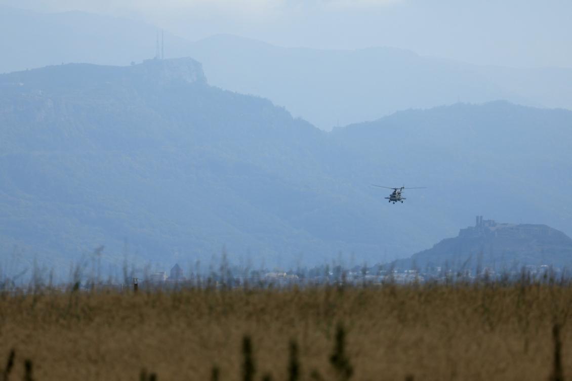 A Russian heavy transport helicopter 255, lands at the airport in the town of Khojaly (Ivanyan), in Azerbaijan's controlled region of Nagorno-Karabakh, on October 2, 2023. (AFP)