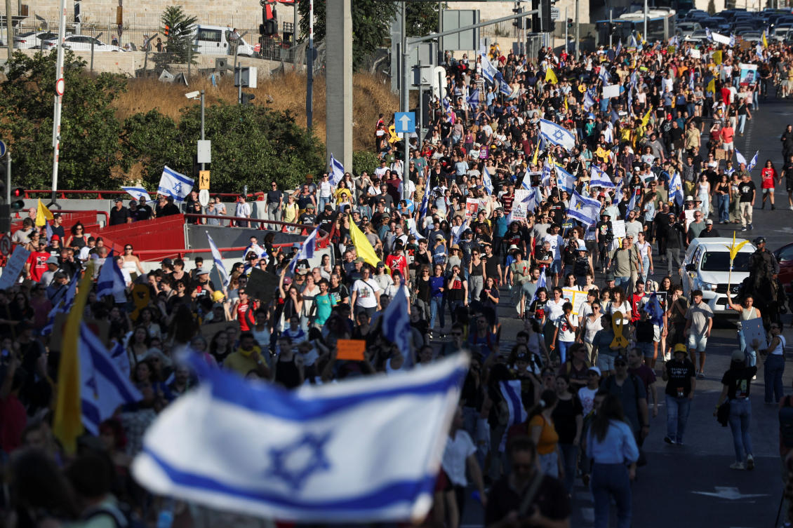 People attend a demonstration calling for the immediate return of hostages held in Gaza, outside the prime minister’s office in Jerusalem September 1, 2024. (Reuters)