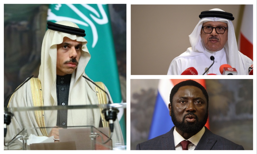 Saudi Foreign Minister Prince Faisal bin Farhan, Bahrain’s Foreign Minister Abdullatif bin Rashid Al-Zayani, and Gambia’s Foreign Minister Mamadou Tangara. (File/AFP)