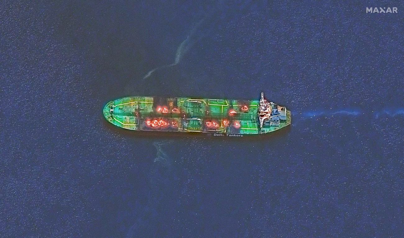 A satellite view shows smoke and flames rising from the Sounion oil tanker on the Red Sea, August 29, 2024. (Maxar Technologies/Reuters)