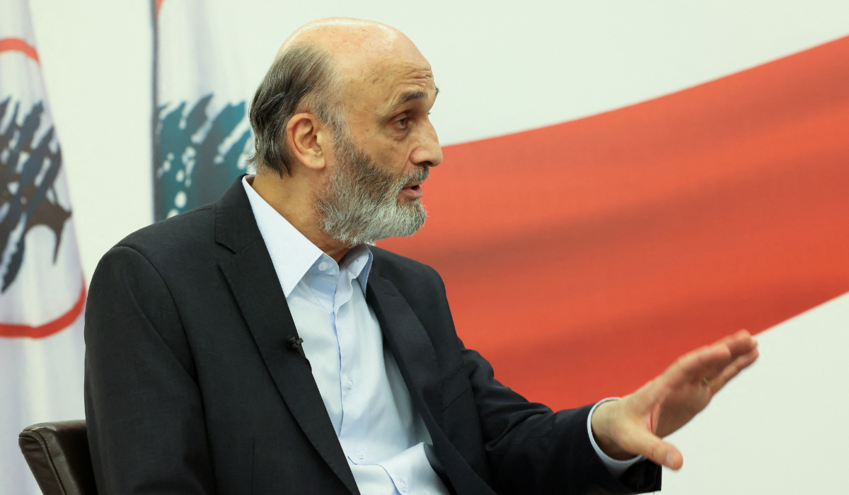 Samir Geagea, leader of the Christian Lebanese Forces party, speaks to an AFP journalist, during an interview at his residence in Maarab, north of the capital Beirut, on May 20, 2022. (AFP)