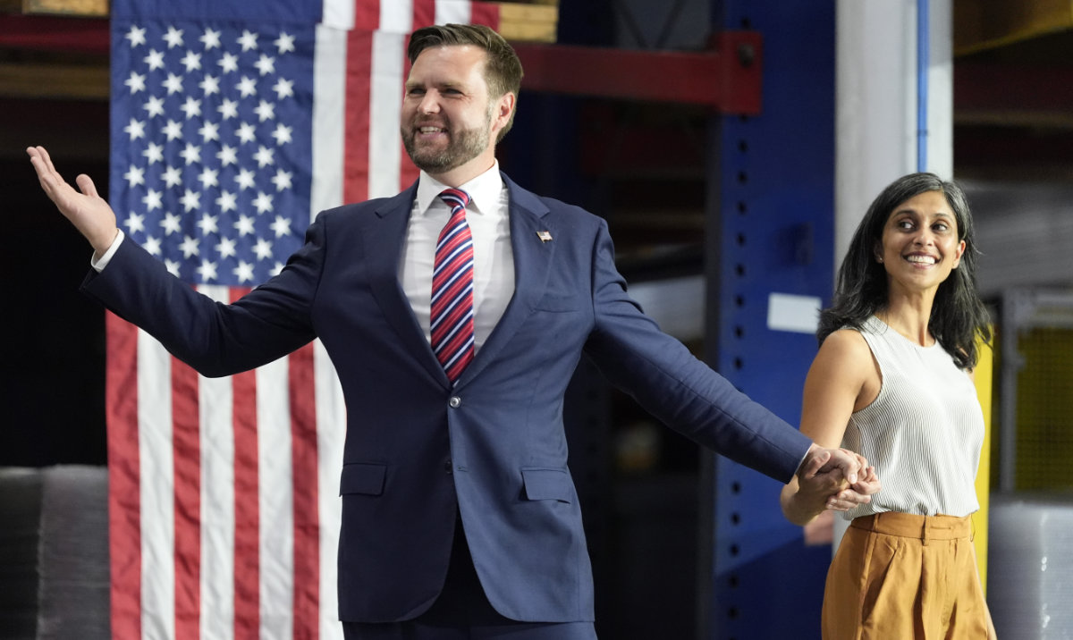 Republican vice presidential nominee Sen. JD Vance, R-Ohio, left, and his wife Usha Vance arrive at a campaign event, Aug. 28, 2024, in DePere, Wis. (AP)