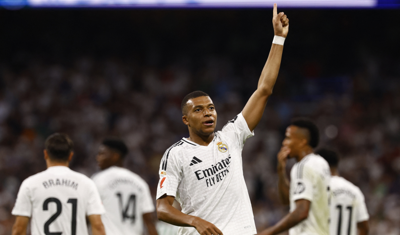 Real Madrid's Kylian Mbappe celebrates scoring their first goal. (Reuters)