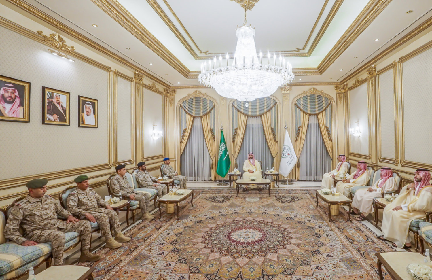 Defense Minister Prince Khalid bin Salman bin Abdulaziz meeting with the new appointees and defense officials at his office in Riyadh on Sunday. (X: @modgovksa)