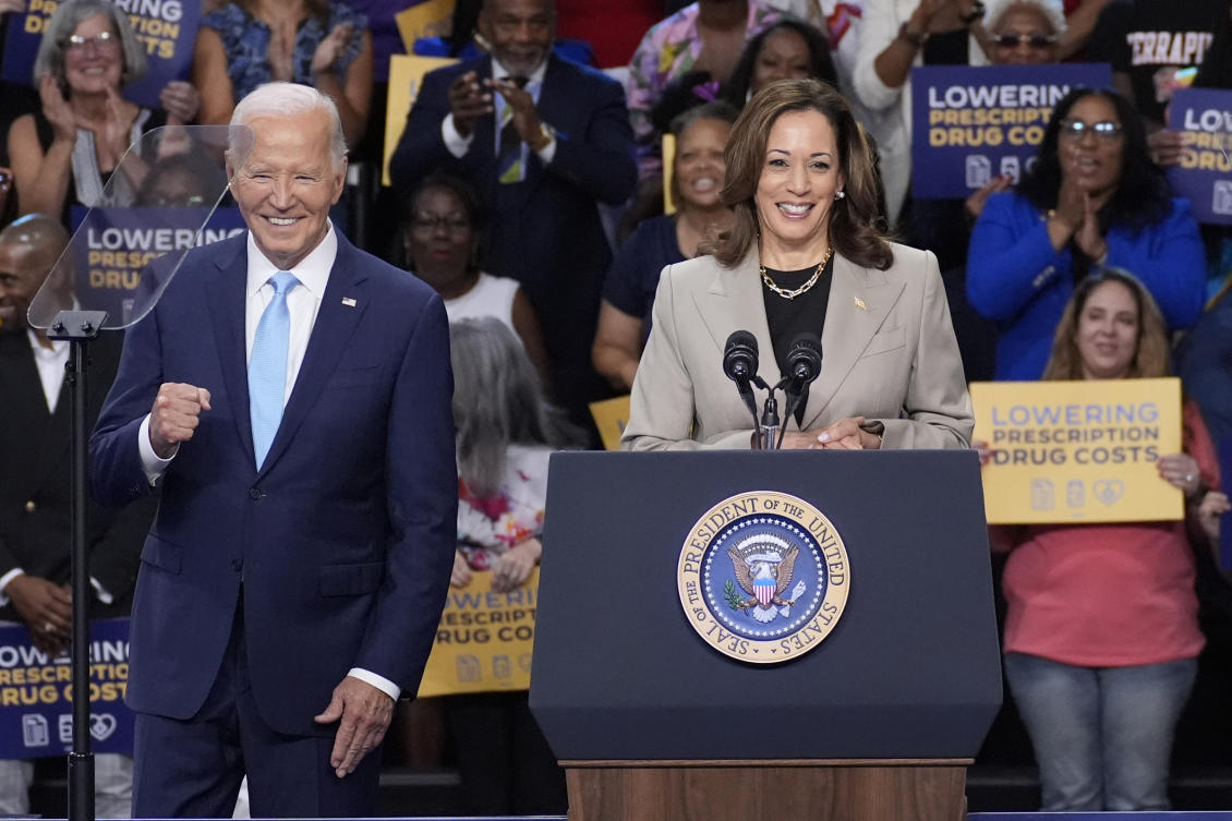 President Joe Biden, left, and Vice President Kamala Harris speak in Largo. (File/AP)