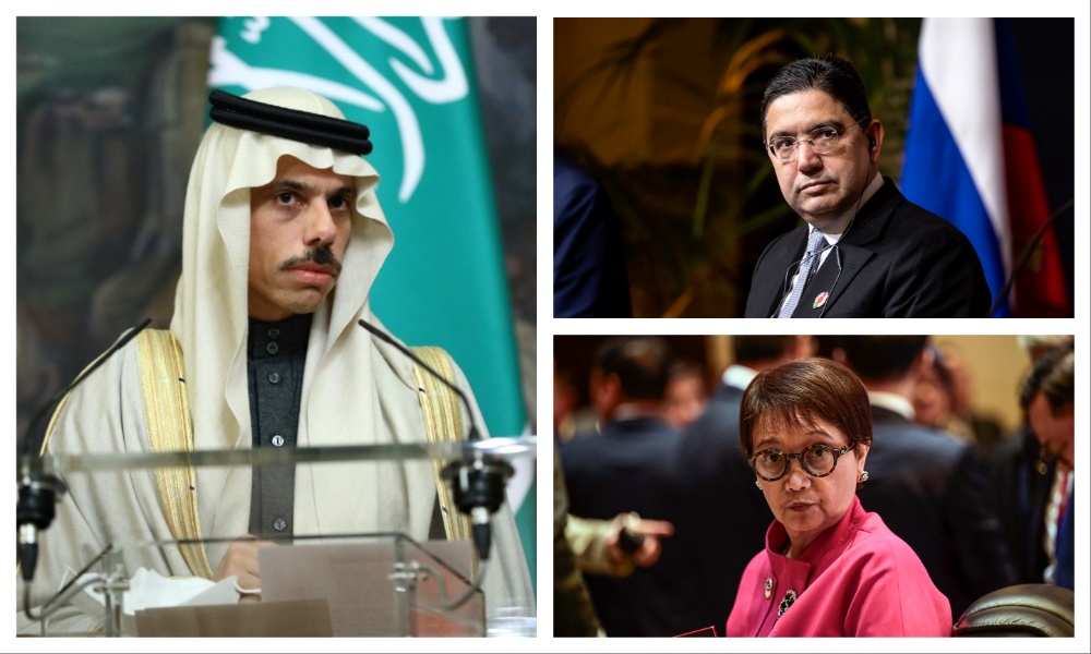 Saudi Foreign Minister Prince Faisal bin Farhan, Moroccan Minister of Foreign Affairs Nasser Bourita, and Indonesian Foreign Minister Retno Marsudi. (File/AFP)