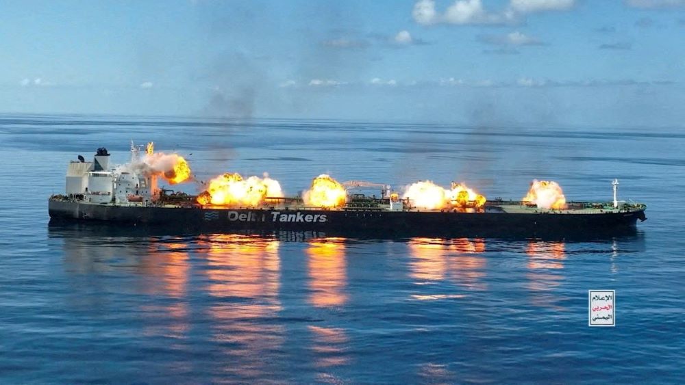 Explosions take place on the deck of the Greek-flagged oil tanker Sounion, Red Sea, Aug. 29, 2024. (Reuters)