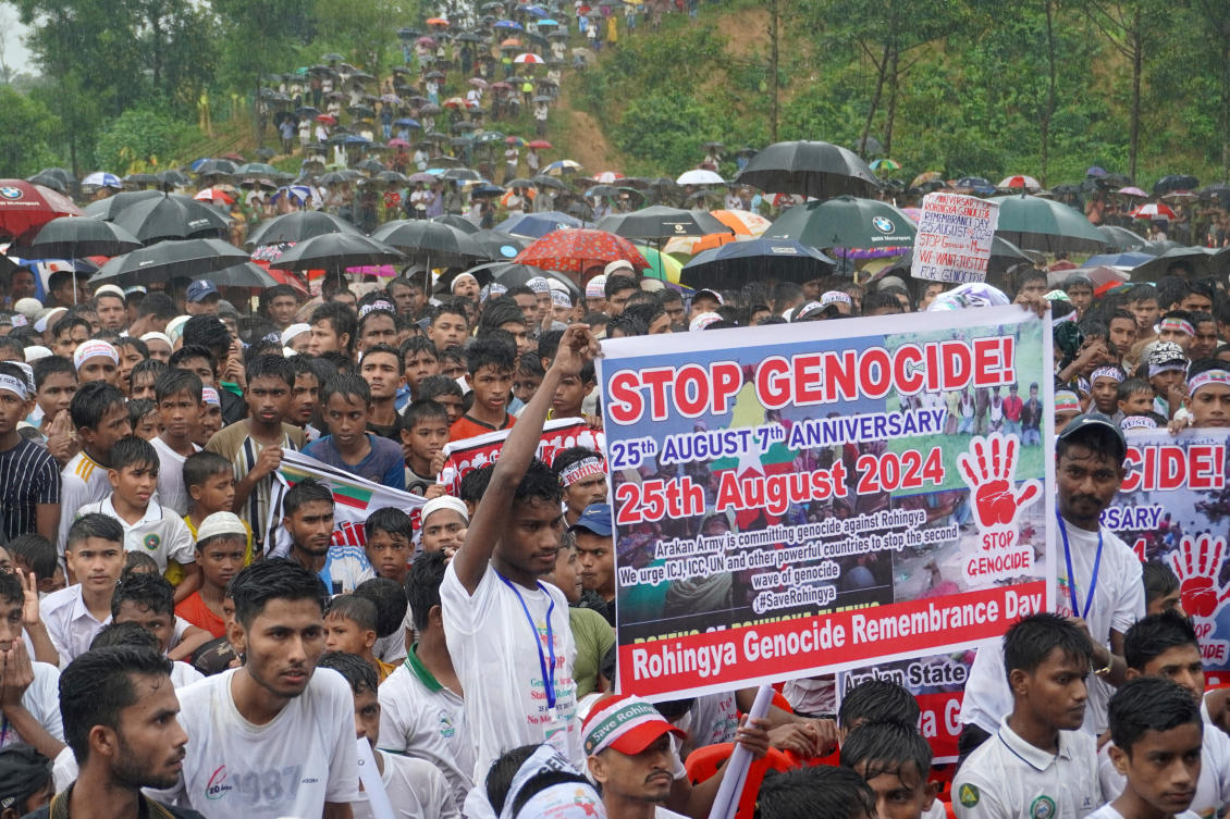 Rohingya refugees gather to mark the seventh anniversary of their fleeing from neighboring Myanmar in 2017, in Cox’s Bazar, Bangladesh on Aug, 25, 2024. (Reuters)