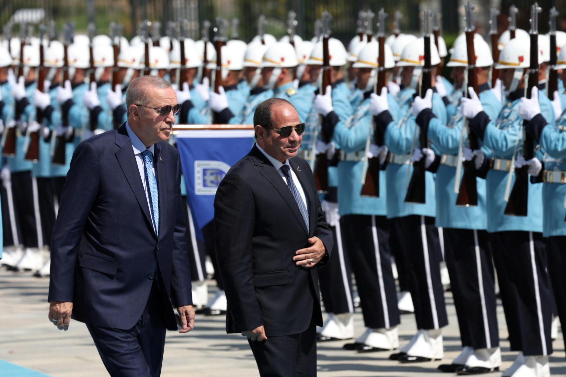 Turkish President Tayyip Erdogan and Egyptian President Abdel Fattah El-Sisi review a guard of honour during a welcoming ceremony at the Presidential Palace in Ankara, Turkey September 4, 2024. (Reuters)