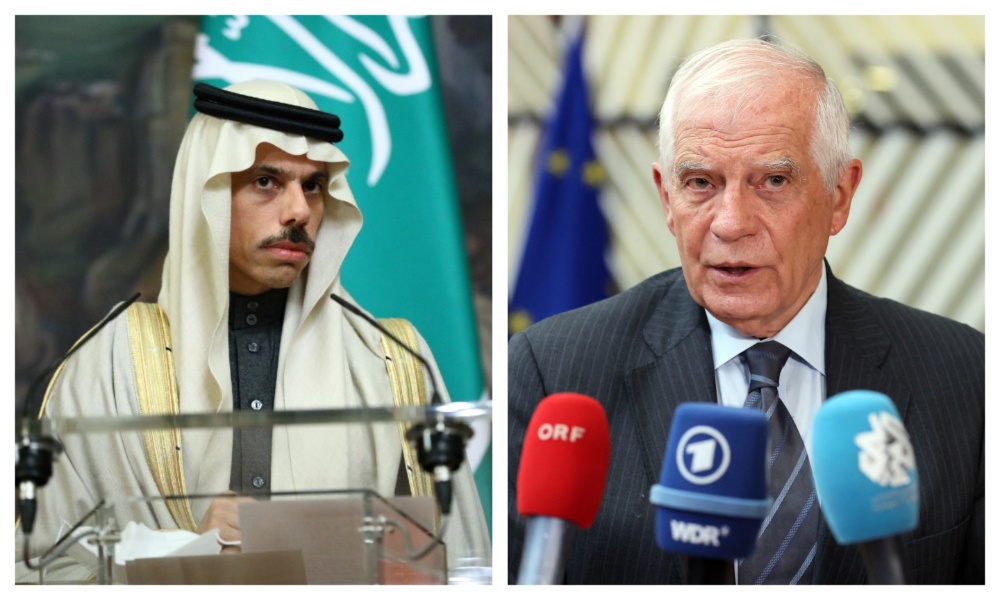 Saudi Foreign Minister Prince Faisal bin Farhan and the High Representative of the EU for Foreign Affairs and Security Policy Josep Borrell. (File/AFP)