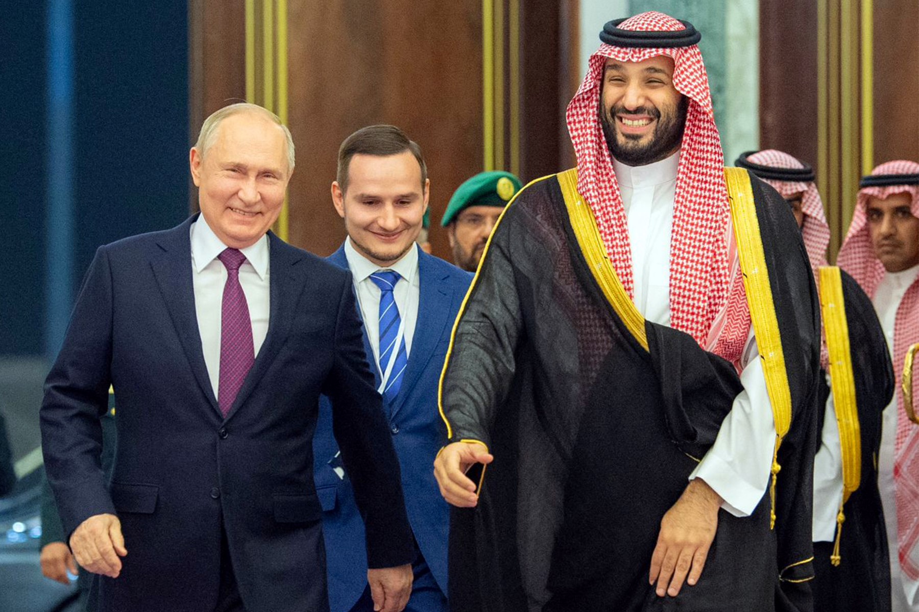 Saudi Arabia’s Crown Prince Mohammed bin Salman welcomes Russian President Vladimir Putin during his visit to the Kingdom on Dec. 6, 2023. (SPA via AFP)