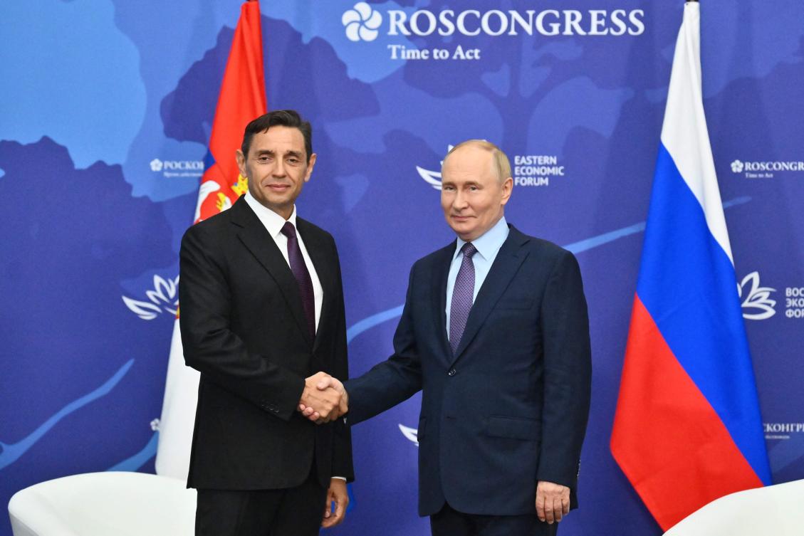 In this pool photograph distributed by the Russian state agency Sputnik, Russia’s President Vladimir Putin meets with Serbian Deputy Prime Minister Aleksandar Vulin on the sidelines of the Eastern Economic Forum in Vladivostok on SepT. 4, 2024. (AFP)