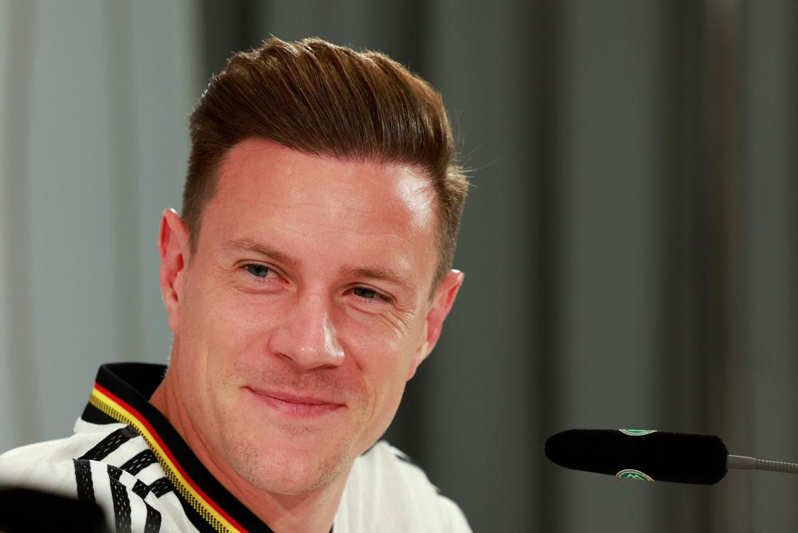 Germany’s goalkeeper Marc-Andre Ter Stegen holds a press conference on Sept. 5, 2024 in Herzogenaurach, southern Germany prior to their UEFA Nations League match against Hungary. (AFP)