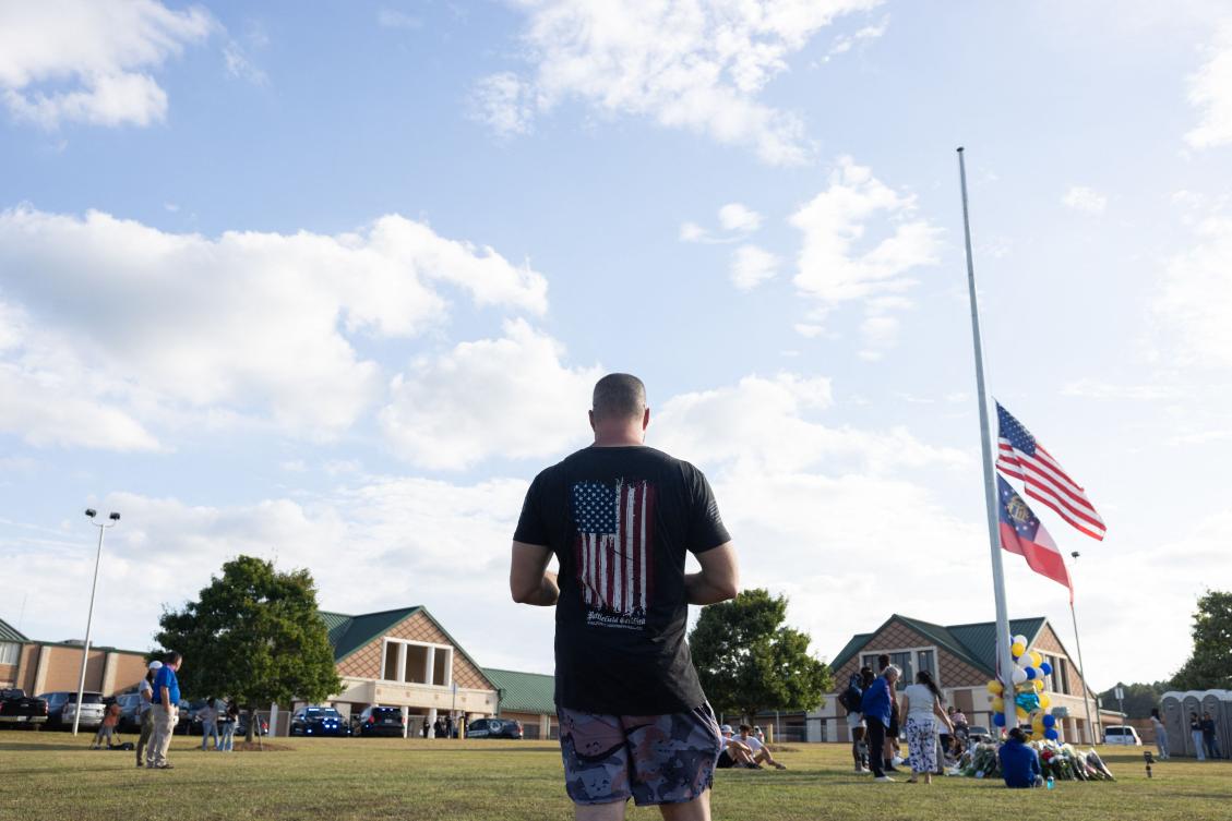 Above, a makeshift memorial outside of Apalachee High School in Winder, Georgia where two students and two teachers were shot and killed at the school on Sept. 4, 2024. (Getty Images/AFP)