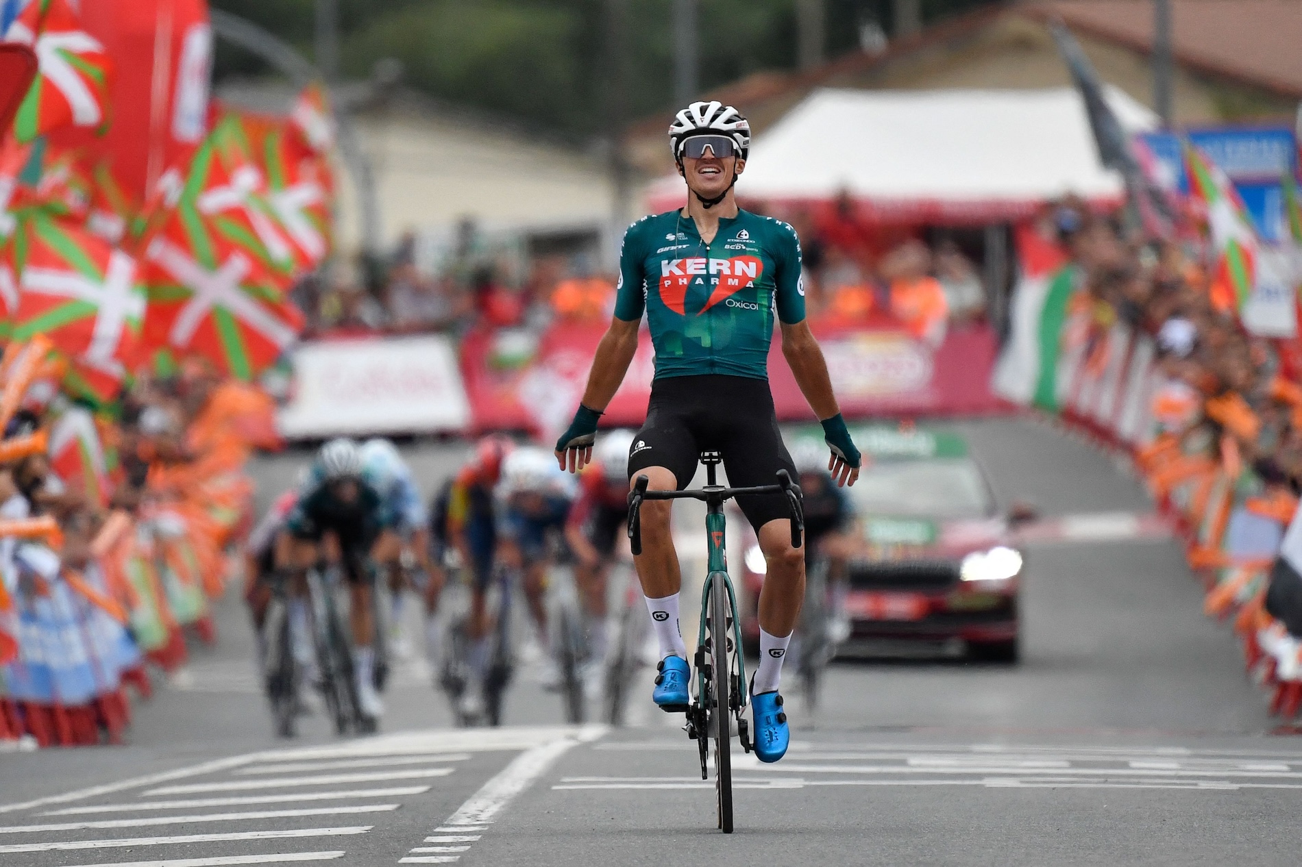 Team Kern Pharma's Urko Berrade after crossing the finish line of stage 18 of the Vuelta a España, a 179,5 km race between Vitoria-Gasteiz and Maeztu, on Sept. 5, 2024. (AFP)