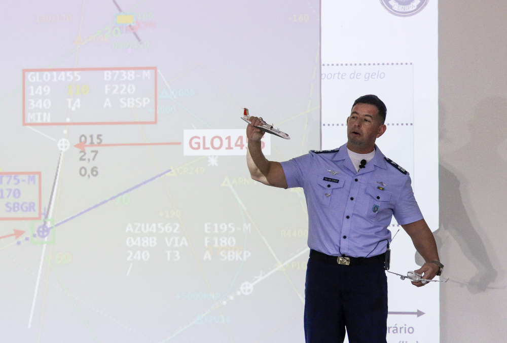 Brazilian Air Force Lieutenant Colonel Paulo Mendes Froes talks during a press conference on the crash of the Voepass plane early August, in Brasilia on September 6, 2024. (AFP)