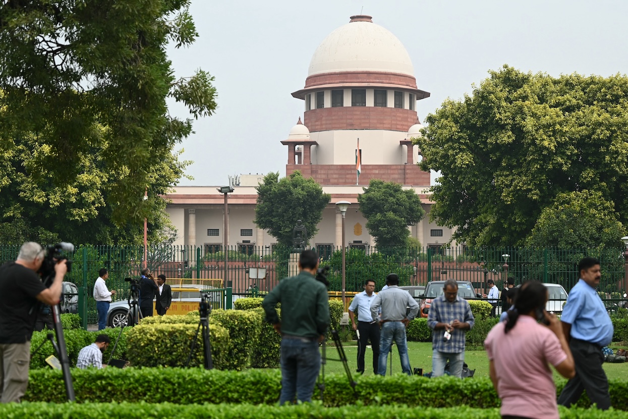 Journalists gather at the courtyard of the Supreme Court of India in New Delhi on Oct. 17, 2023. (AFP)