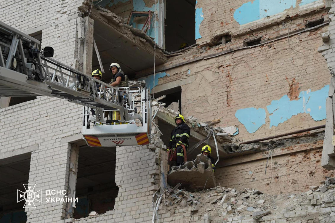 This handout picture taken and released by Ukrainian emergency service on September 5, 2024 shows Ukrainian rescuers working in a military educational facility which was hit by missiles in Poltava, eastern Ukraine on September 3, 2024, amid the Russian invasion of Ukraine and reports of Iranian missiles being sent to Russia. (AFP/Ukrainian Emergency Service)