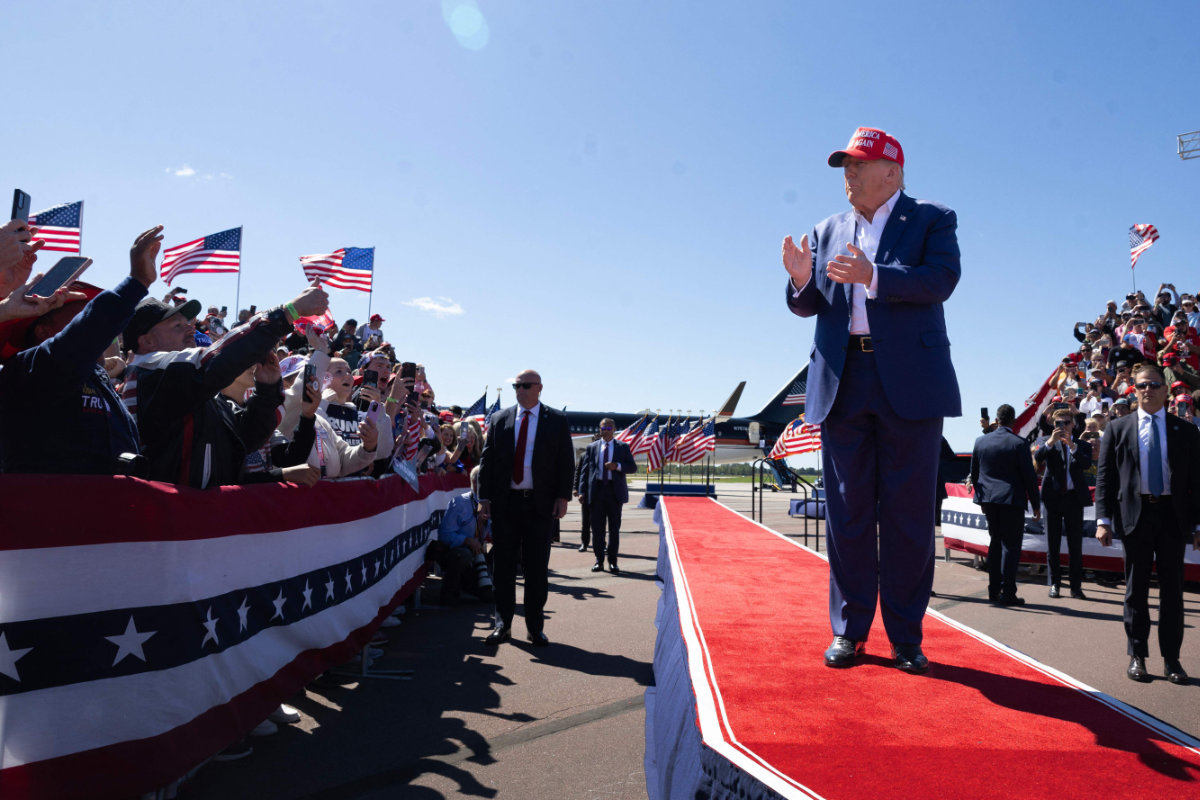 Republican presidential nominee Donald Trump arrives for a campaign event at the Central Wisconsin Airport on September 07, 2024 in Mosinee, Wisconsin. (AFP)