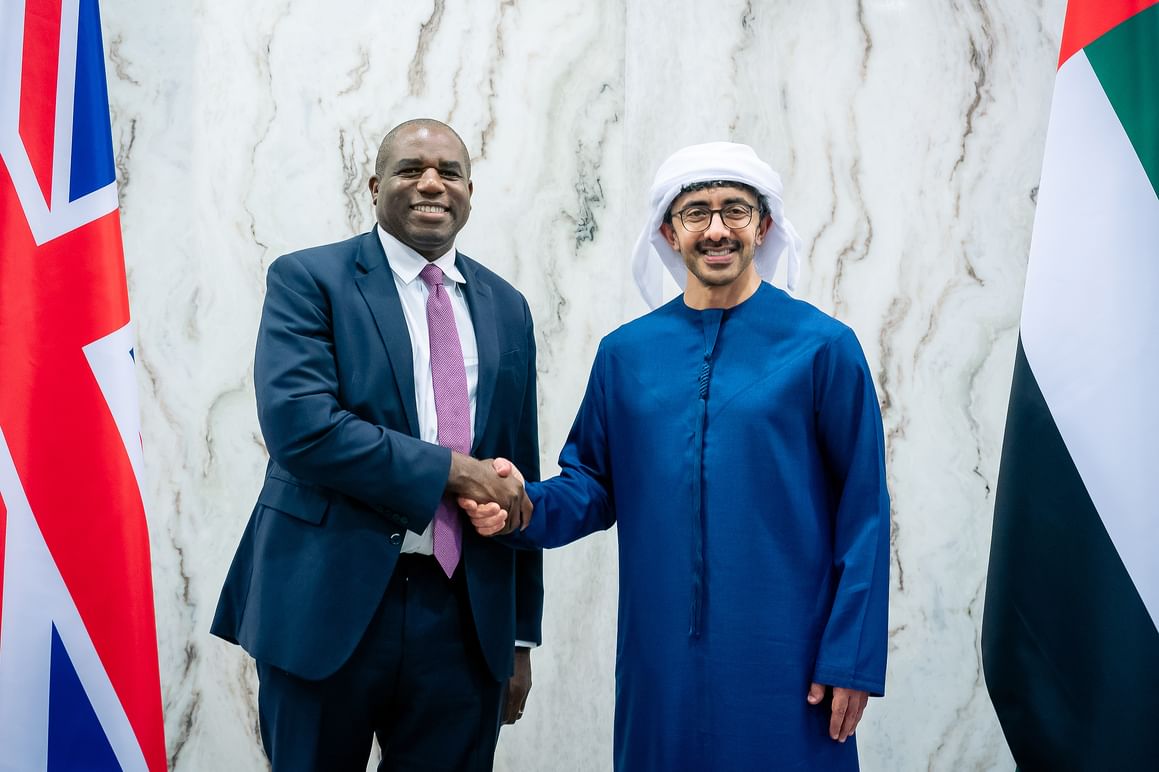 UAE Foreign Minister Sheikh Abdullah bin Zayed held talks with UK Foreign Secretary David Lammy in Abu Dhabi. (WAM)