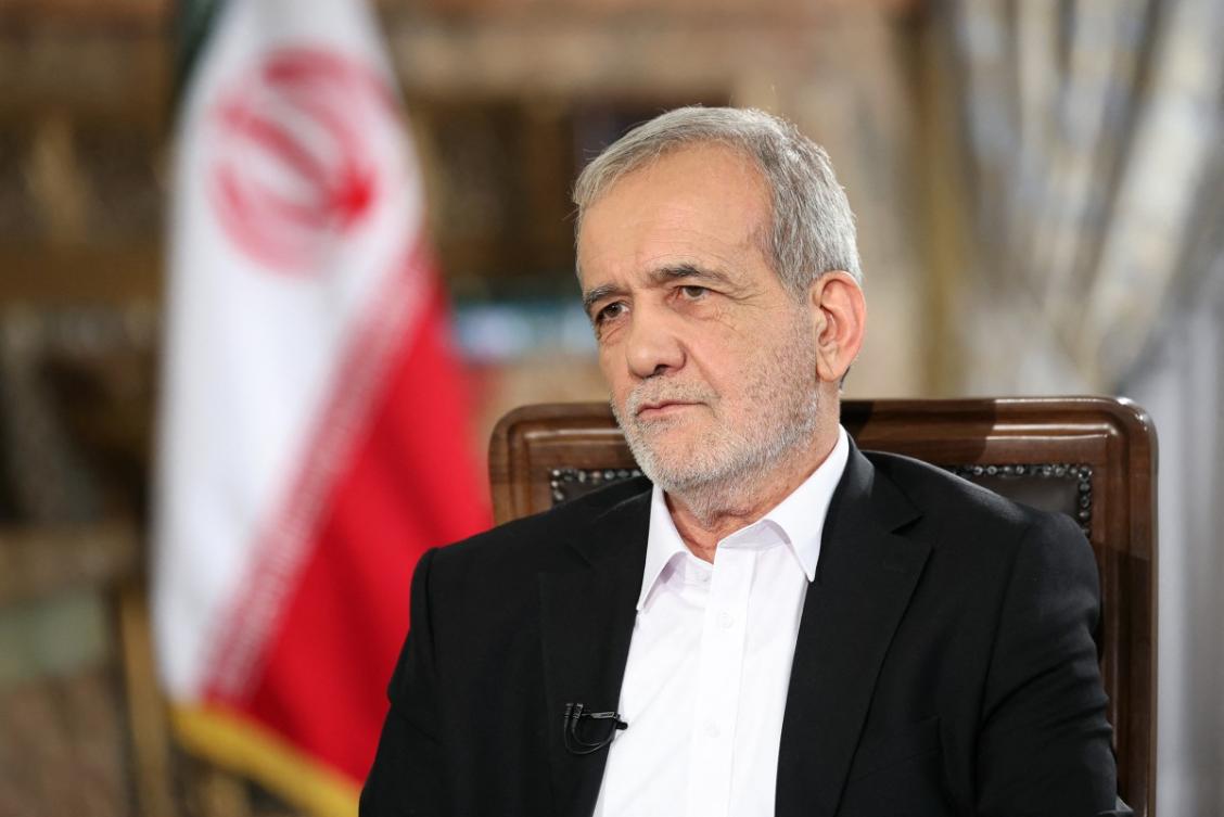 A handout picture provided by the Iranian Presidency shows Iran's President Masoud Pezeshkian speaking during a televised interview in the capital of Tehran on August 31, 2024. (AFP)