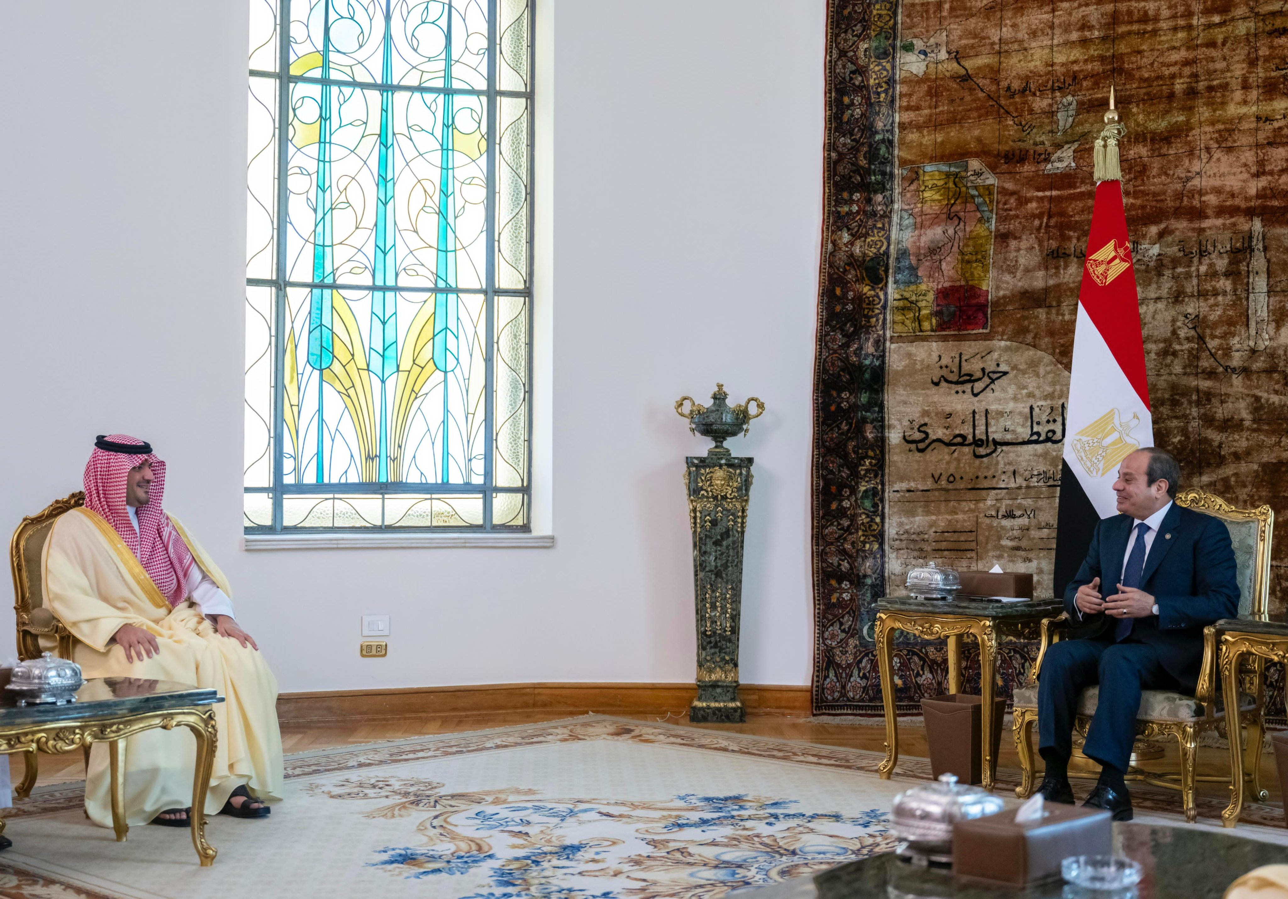 Saudi Minister of Interior Prince Abdulaziz bin Saud bin Nayef bin Abdulaziz meets with Egyptian President El-Sisi on Sunday. (SPA)