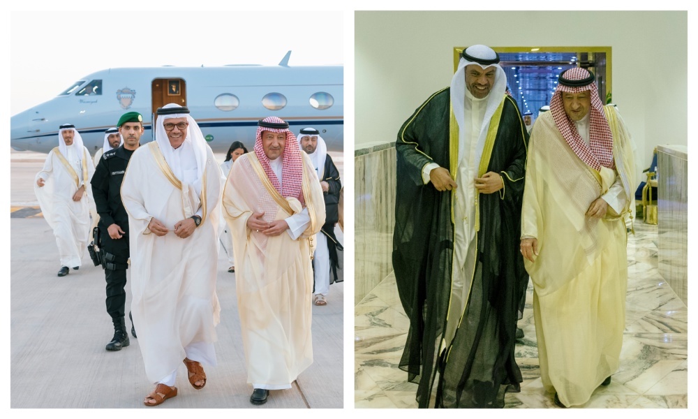Bahrain’s Abdullatif bin Rashid Al-Zayani and Kuwait’s Abdullah Ali Al-Yahya arrive at King Khalid International Airport in Riyadh on Sunday. (SPA)