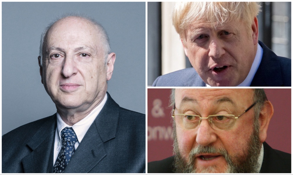 Lord Carlile (L) condemned those who criticized the decision, including chief Rabbi Ephraim Mirvis (bottom right) and former Prime Minister Boris Johnson (upper right). (GOV.uk/10 Downing Street/FCDO)