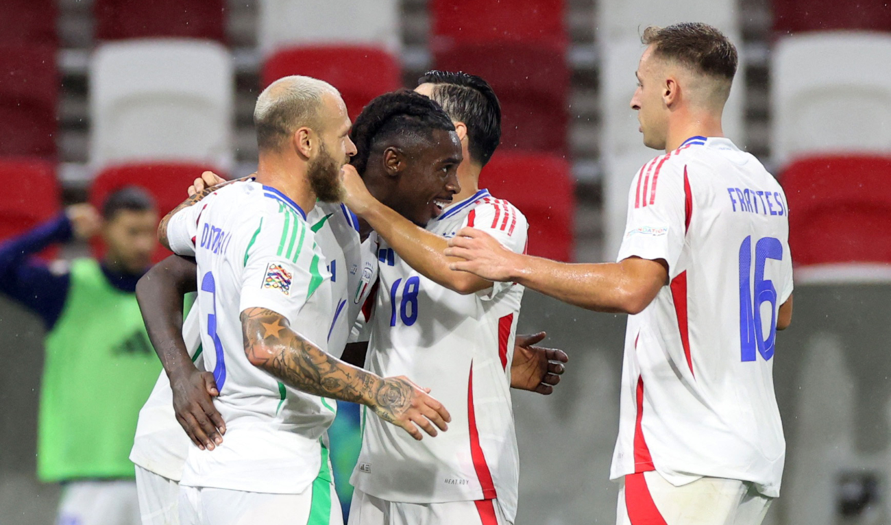 Italy's Moise Kean celebrates scoring their second goal with Federico Dimarco, Giacomo Raspadori and Davide Frattesi on September 9, 2024. (Reuters)