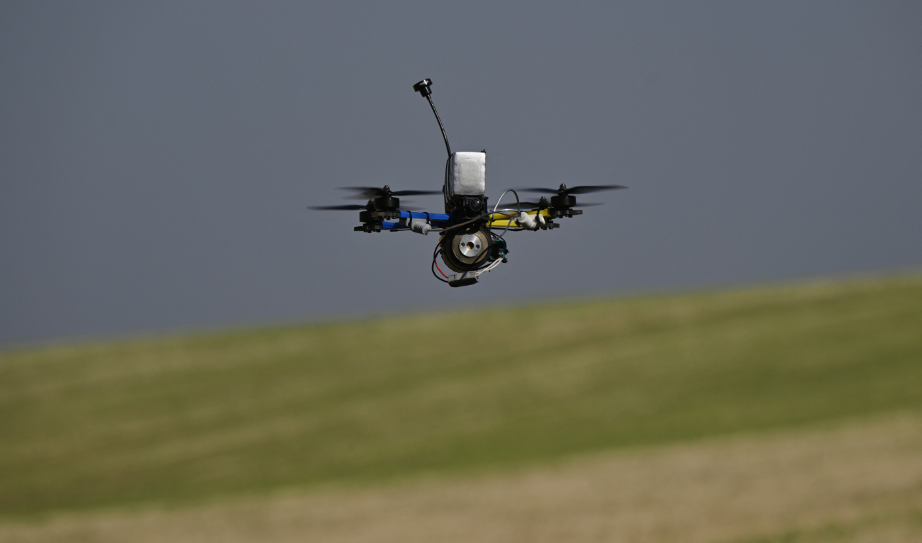 This photograph shows a first-person view (FPV) drone operated by Ukrainian servicemen of the Tactical Group Medoyid (Honey Badger) during a flight training at an undisclosed location on August 23, 2024. (AFP/File)