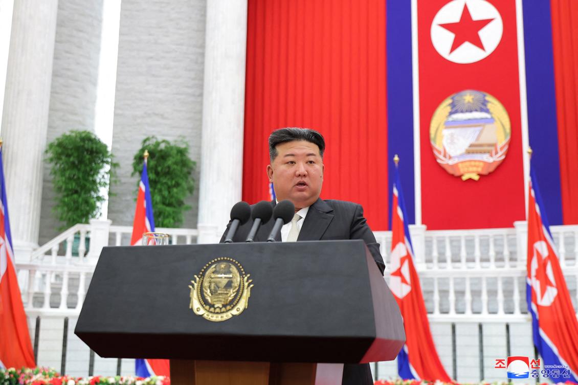 Kim Jong Un delivers a speech on the 76th anniversary of the founding of North Korea. (KCNA/KNS via AFP)
