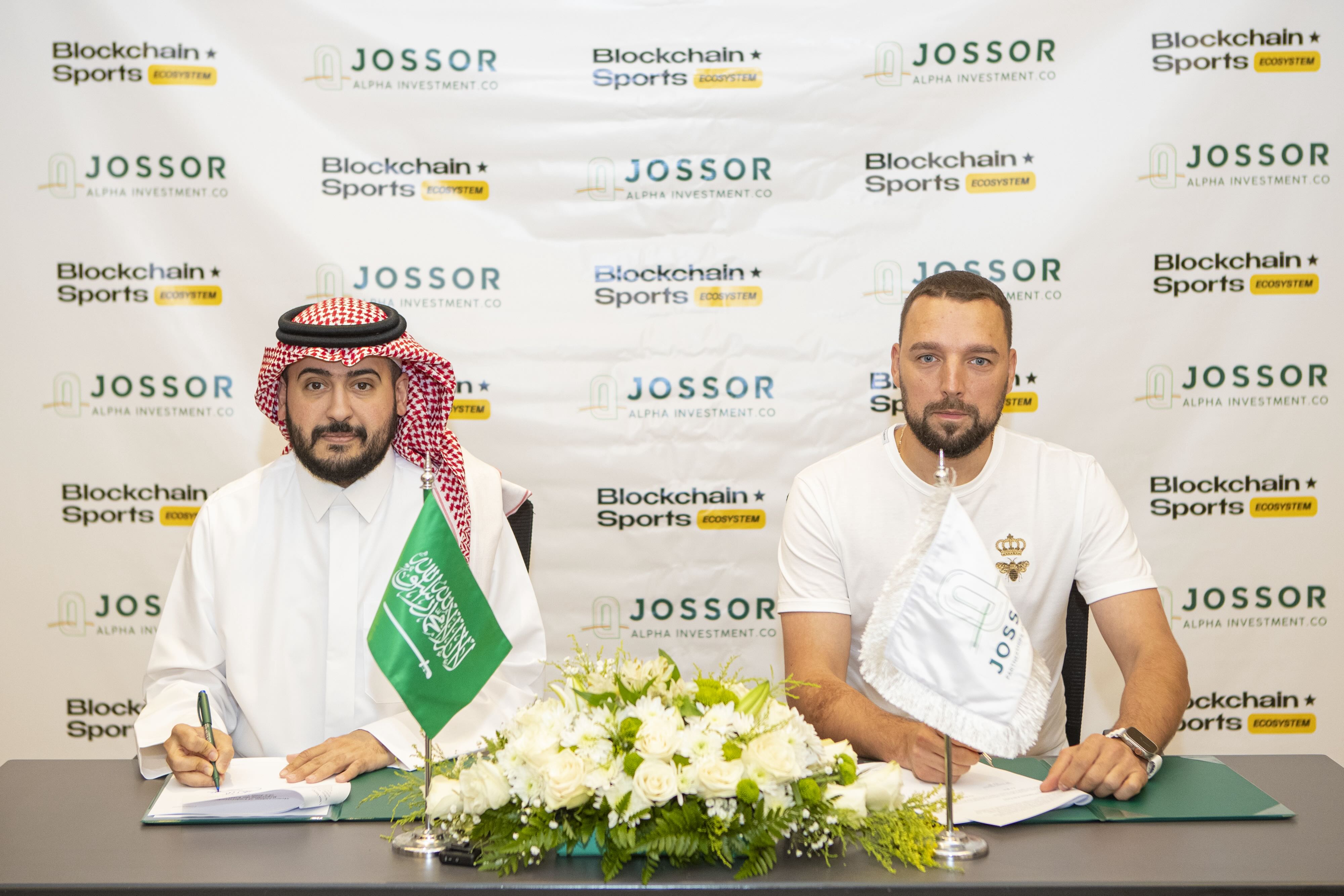 Abdulrahman Al-Qarni, chairman of Jossor Alpha Investment and Dmitry Saksonov, founder of Blockchain Sports Ecosystem, at the signing ceremony in Riyadh. Photo/Supplied