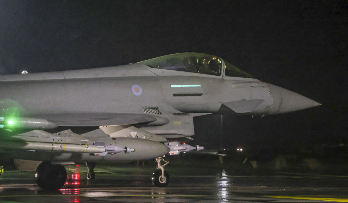 In this image provided by the UK Ministry of Defence, a Royal Air Force Typhoon FGR4 takes off to carry out air strikes against Houthi military targets in Yemen, from RAF Akrotiri, Cyprus, Monday, Jan. 22, 2024. (AP file photo)