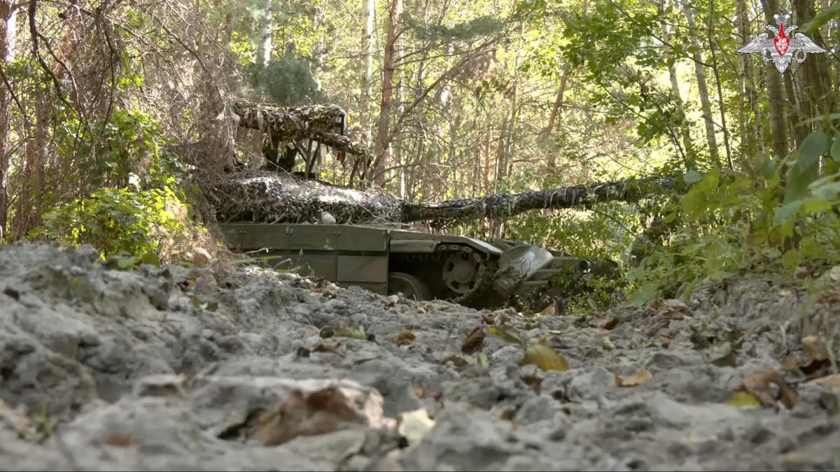 In this photo made from video released by the Russian Defense Ministry on Sept. 8, 2024, a Russian tank takes up firing positions at an undisclosed location in the Russian/Ukrainian border area, in Kursk region. (AP)