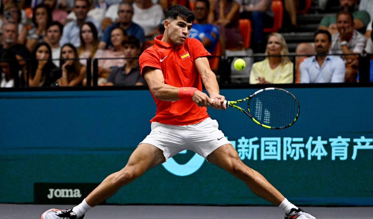Spain’s Carlos Alcaraz in action during his singles match against Czech Republic’s Tomas Machac at the Davis Cup Group B match between Spain and Czech Republic on Sept. 11, 2024. (Reuters)