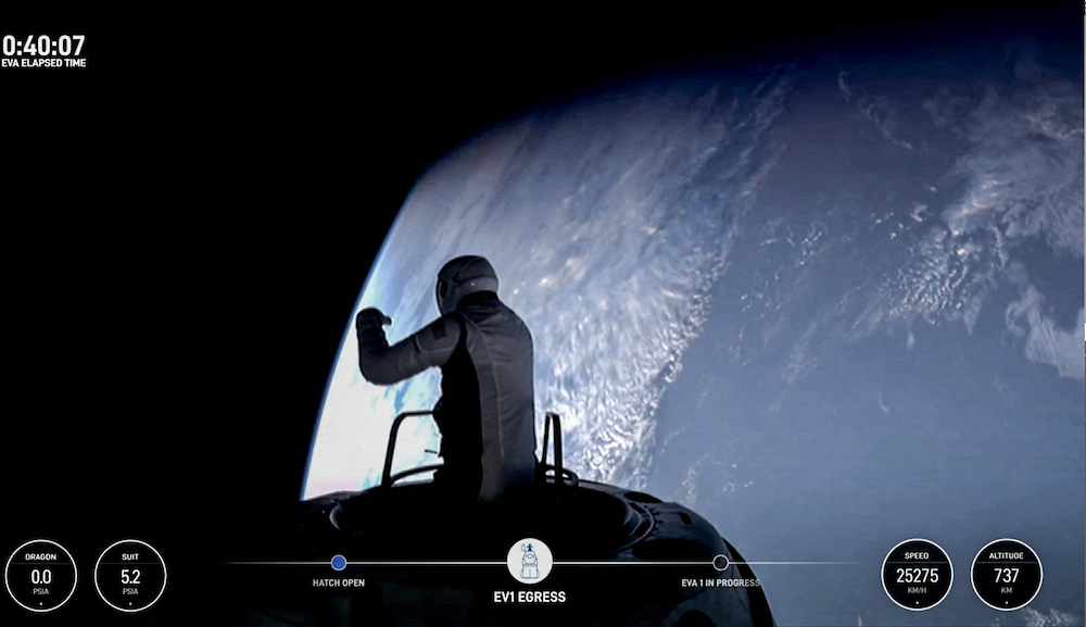 US fintech billionaire Jared Isaacman peeks out to space from a hatch structure called Skywalker during the first private spacewalk performed by the crew of the SpaceX Polaris Dawn mission on Sept. 12, 2024. (SpaceX/Polaris via AFP)