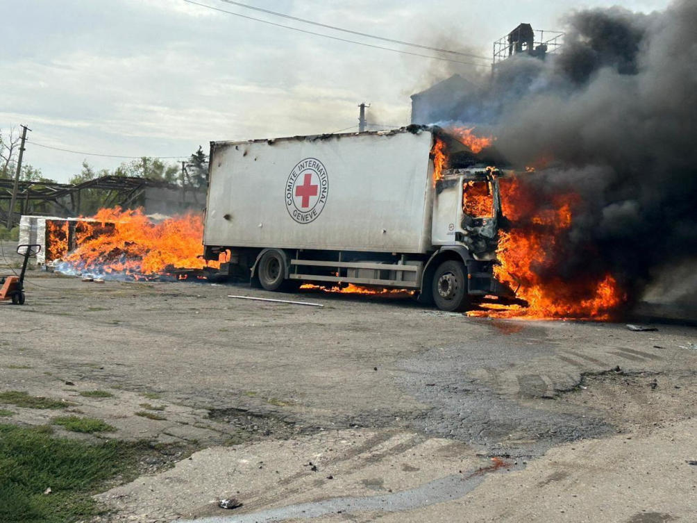 A cargo truck of the International Committee of the Red Cross burns after a Russian military strike in the village of Viroliubivka, near a front line in Donetsk region, on Sept. 12, 2024. (Reuters)