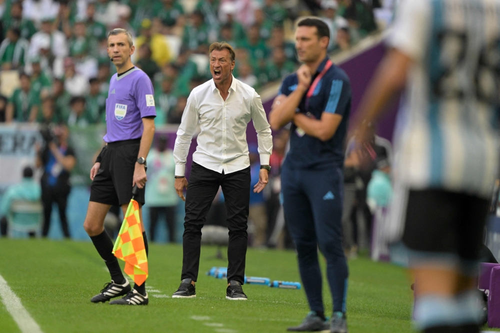 Saudi Arabia's French coach Herve Renard reacts during the Qatar 2022 World Cup Group C match against Argentina at the Lusail Stadium in Lusail, north of Doha, Nov. 22, 2022. (AFP)
