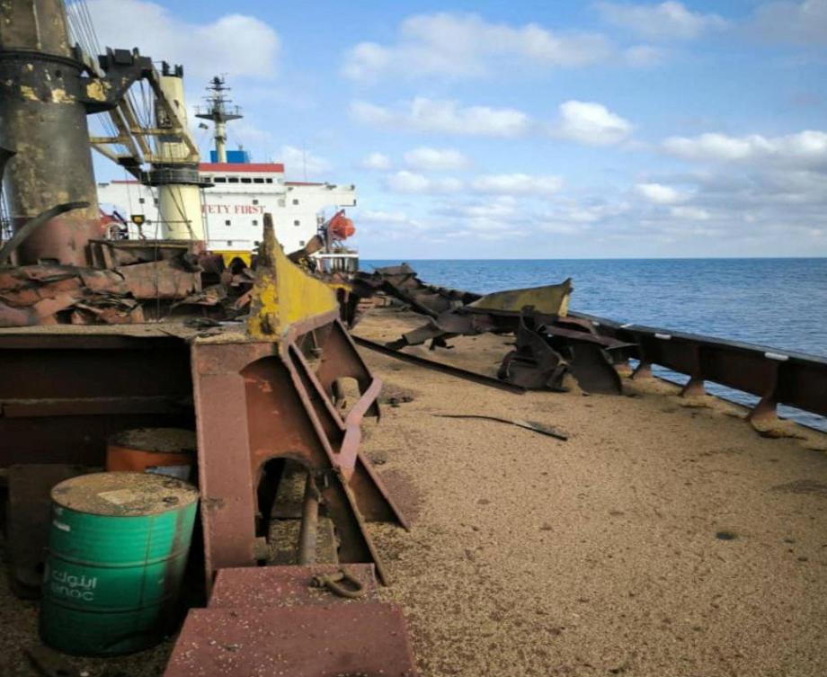 A view shows a damaged civilian cargo vessel, carrying wheat grain to Egypt, which was hit by a Russian missile strike after it left Ukrainian maritime border in the Black Sea on Sept. 12, 2024. (Reuters)