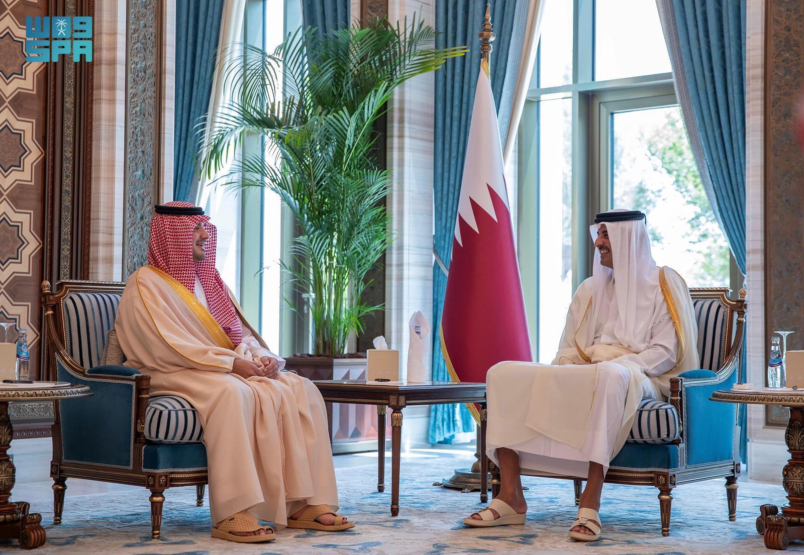 Saudi Minister of Interior Prince Abdulaziz bin Saud bin Naif bin Abdulaziz met on Thursday with Qatar Emir Sheikh Tamim bin Hamad Al-Thani in Doha. (SPA)
