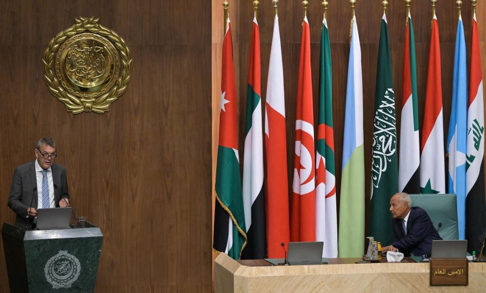 Commissioner-General of UNRWA Philippe Lazzarini addresses an Arab League Foreign Ministers meeting at the organization’s headquarters in Cairo on September 10, 2024. (AFP)