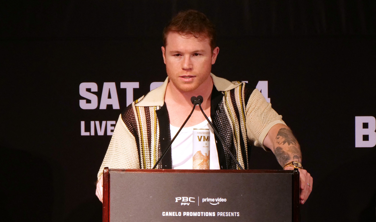 Canelo Alvarez speaks during a press conference to promote the September 14th fight between Alvarez and Edgar Berlanga at The Beverly Hills Hotel – Crystal Ballroom on August 06, 2024 in Beverly Hills, California. (AFP)