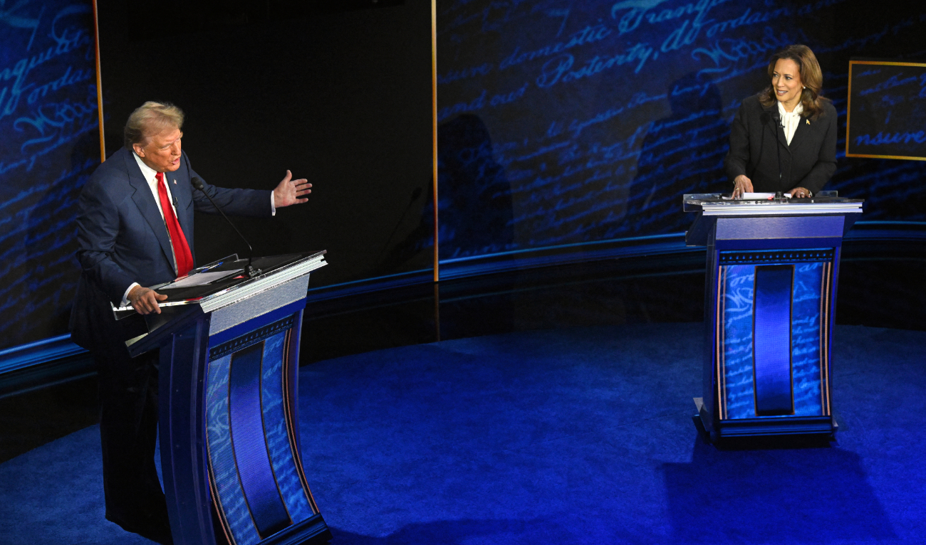 Former US President and Republican presidential candidate Donald Trump speaks during a presidential debate with US Vice President and Democratic presidential candidate Kamala Harris at the National Constitution Center in Philadelphia, Pennsylvania, on September 10, 2024. (AFP)