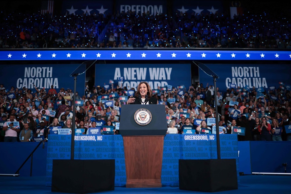 US Vice President Kamala Harris speaks at a campaign rally at the Greensboro Coliseum September 12, 2024 in Greensboro, North Carolina. (Getty Images/AFP)